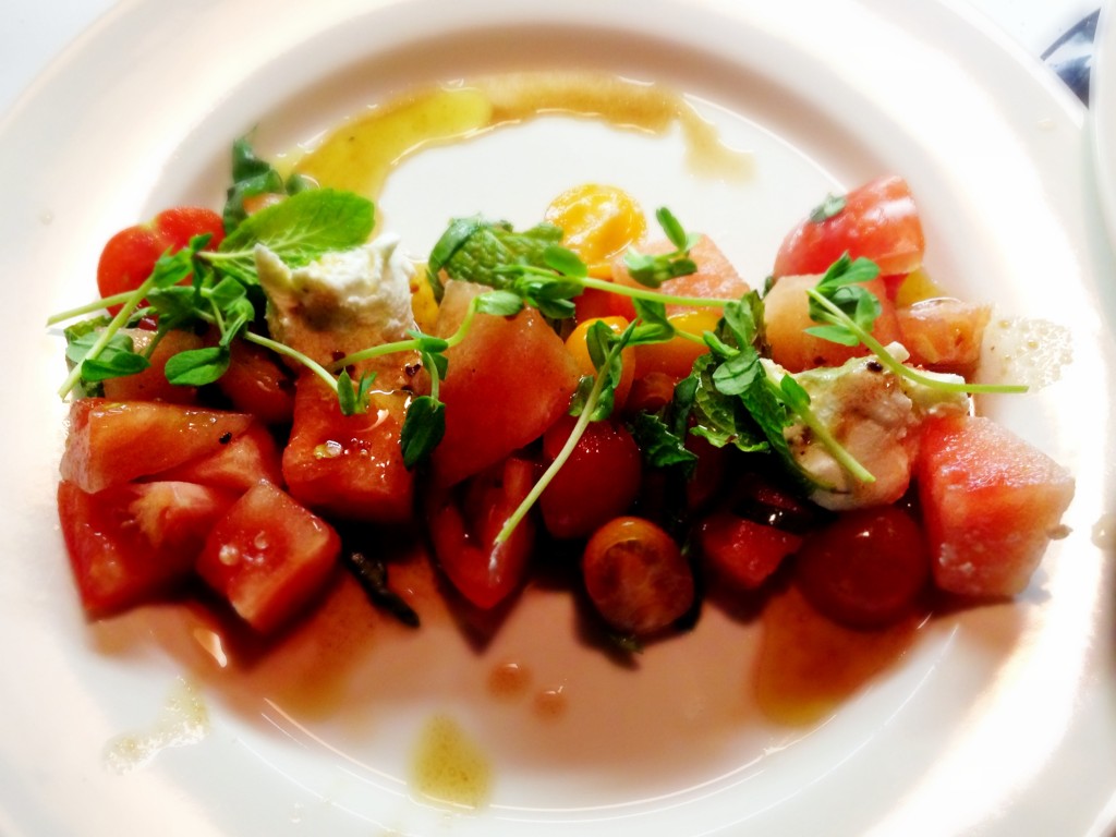 Watermelon, Tomato & Goat Cheese Salad, Sichuan Peppercorn Vinaigrette 