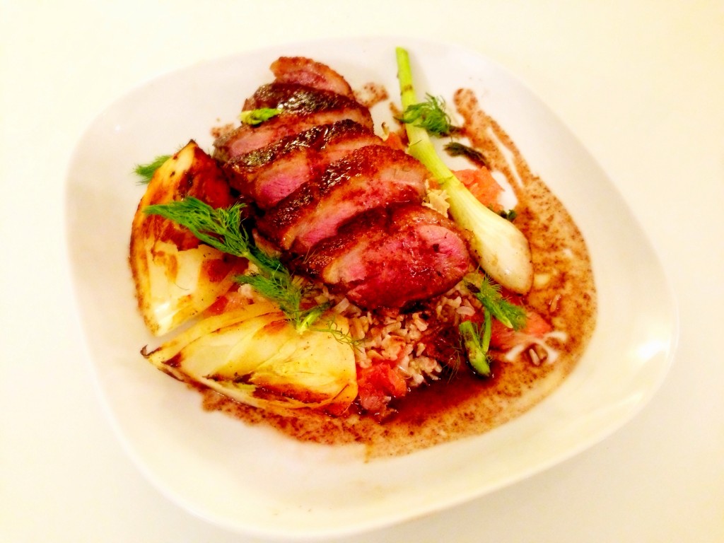 Seared Duck Breast, Grilled Fennel, Grapefruit Vinaigrette, Brown Rice Risotto 