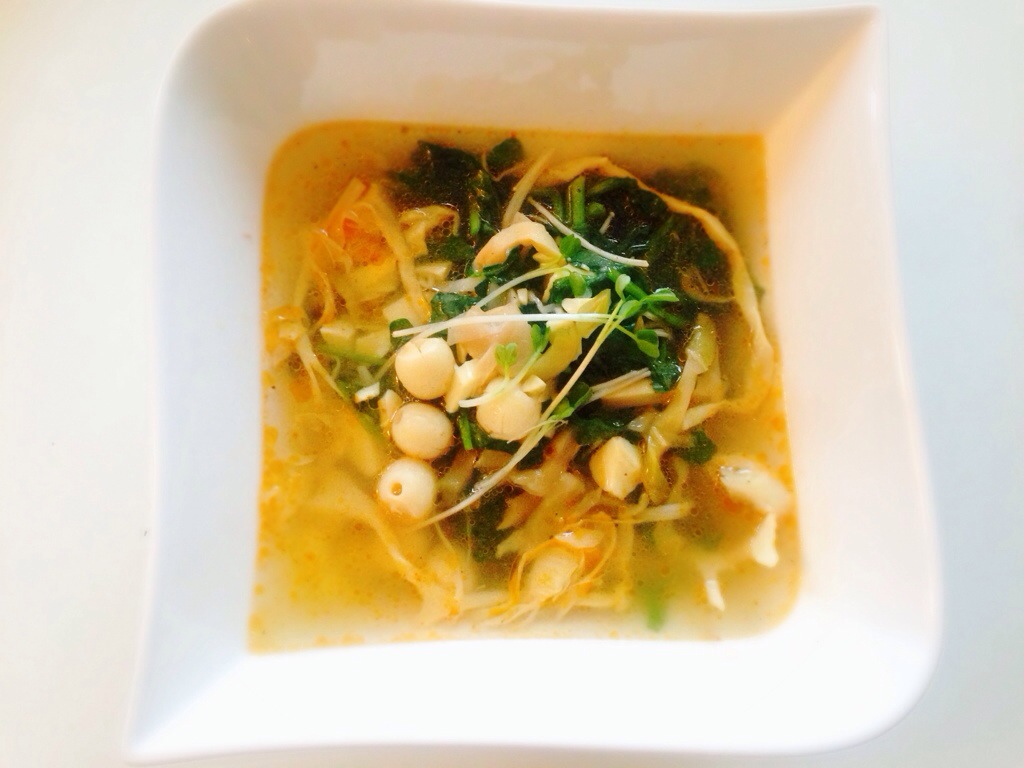 Warm Watercress And Lotus Seed Salad in a Broth