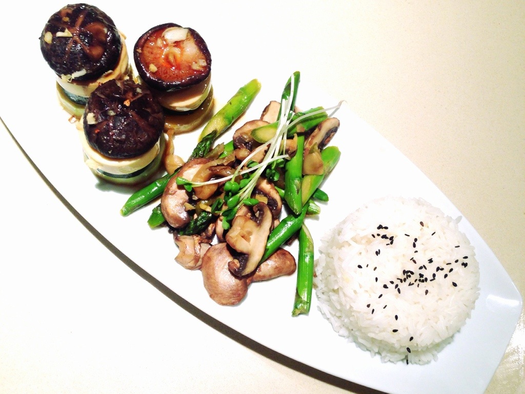 Steamed Tofu & Shittake, Saute Baby Bella & Asparagus, Coconut Jasmine Rice, Vegan Meal in Asian Style