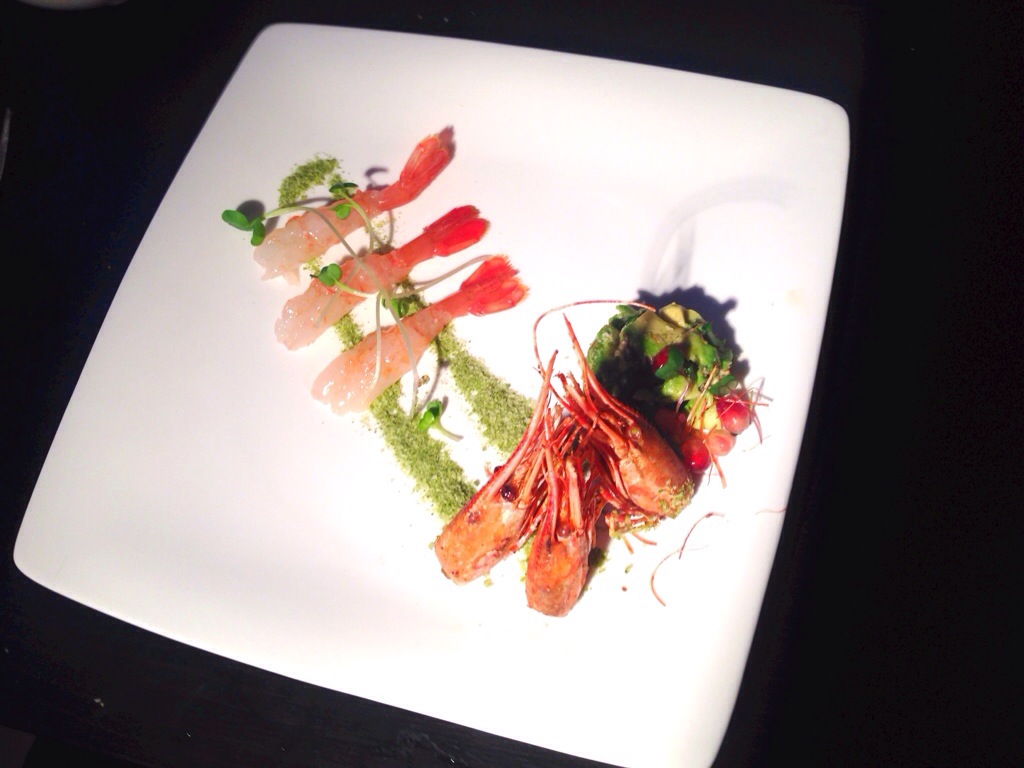 BC Spot prawns sashimi on wasabi sands, deep fried prawn heads, avocado crudo.