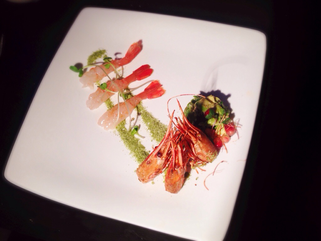 BC spot prawns sashimi, deep fried prawn heads, wasabi sands, avocado crudo