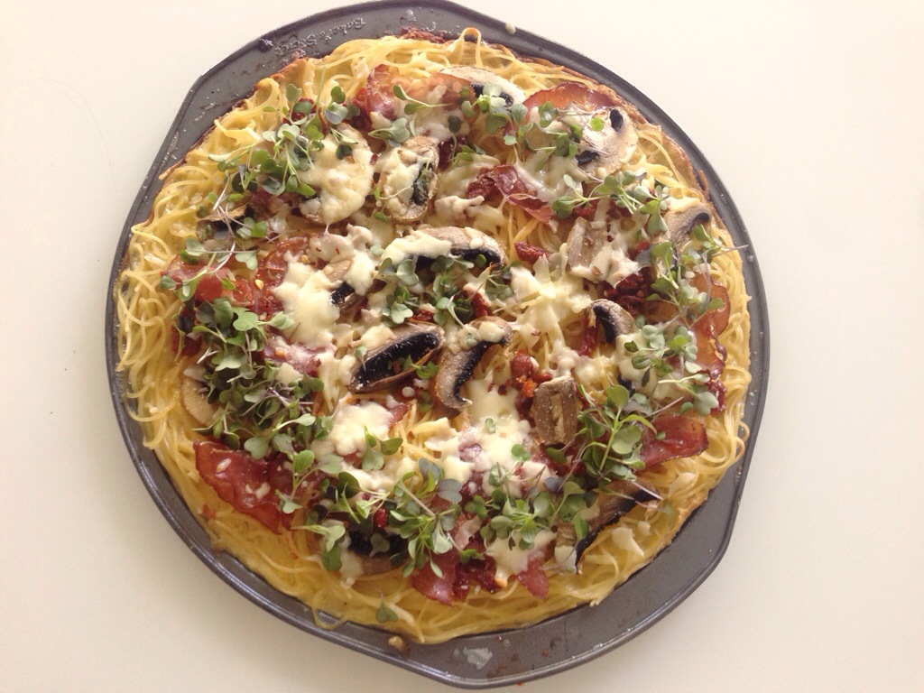 Spaghetti Pizza, Sun Dried Tomato, Mushroom, Parmesan, Capocollo