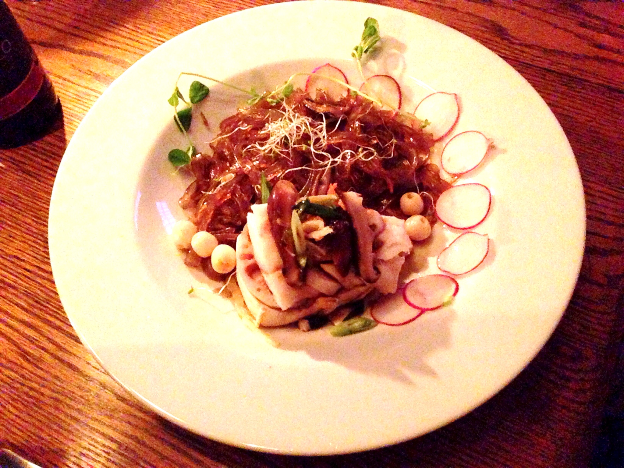 Steamed Wild Pacific Cod on Tofu, Lotus Root, Shiitake, and Lotus seeds. Yam Vermicelli