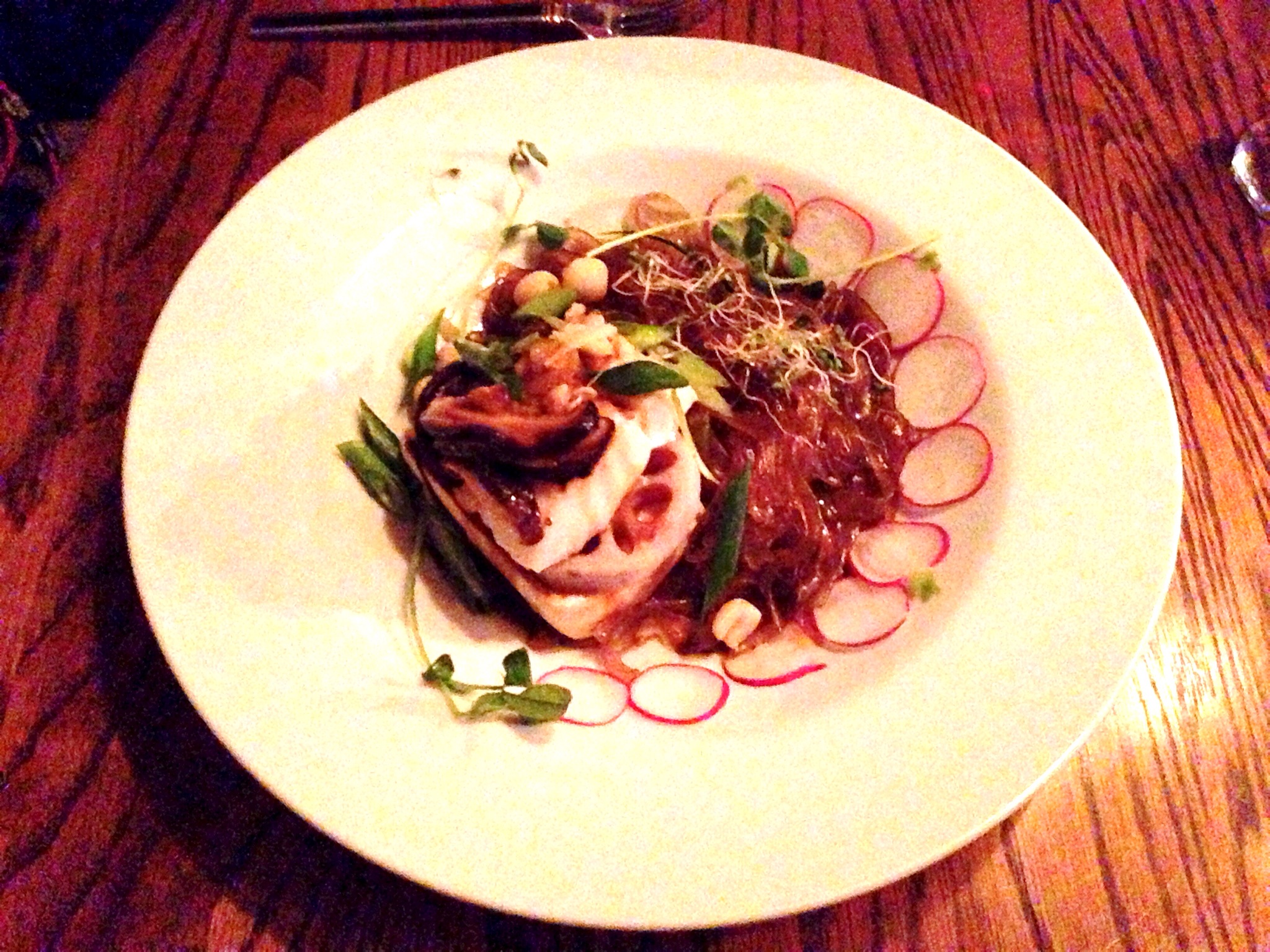 Steamed Wild Pacific Cod on Tofu, Lotus Root, Shiitake, and Lotus seeds. Yam Vermicelli