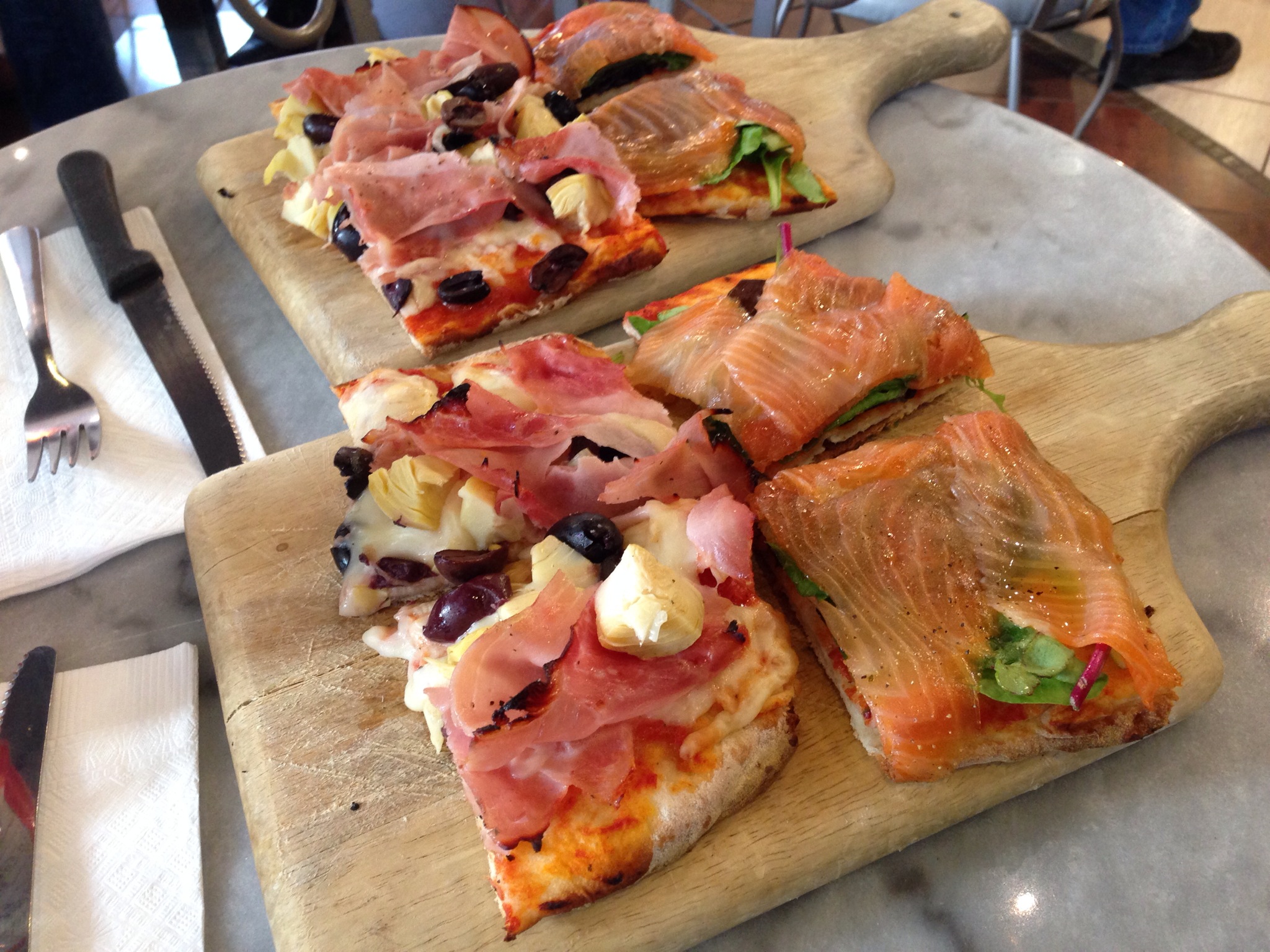 Prosciutto Olive & Artichok Pizza and Smoked Salmon Pizza @ Sciué 