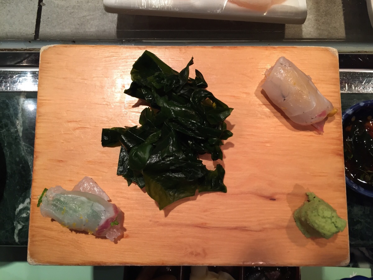 tai sashimi 2 ways: negi (green onion), uni (sea urchin)