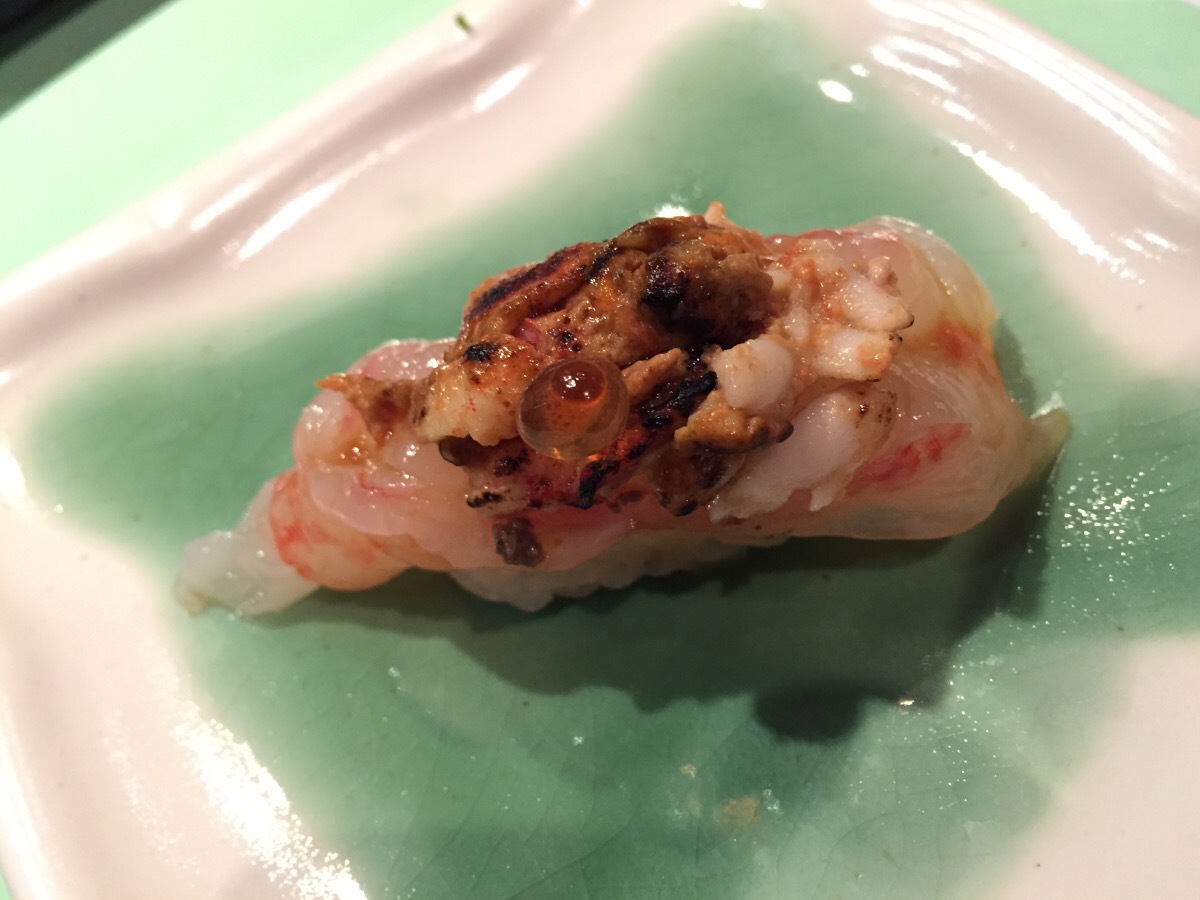 Japanese sweet prawn sashimi and chargrilled prawn head, black truffle, and ikura (salmon caviar)