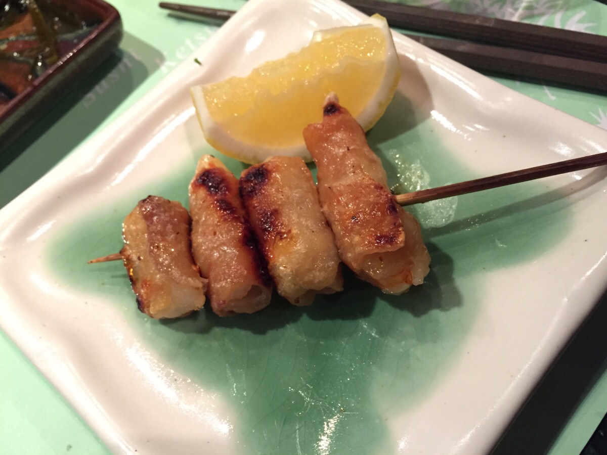 yaki kawa ebi (prawn wrpapped in chicken skin deep fried)