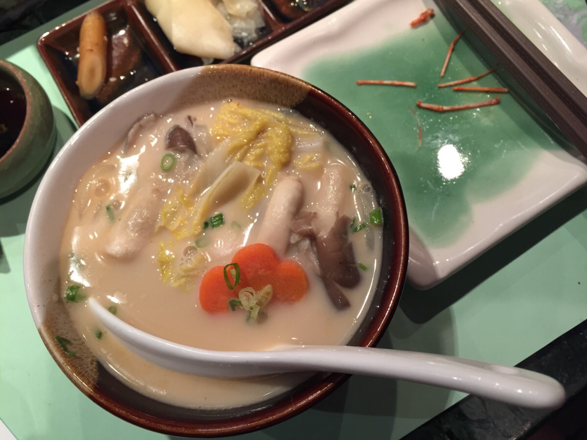 udon with mushrooms in house fish broth