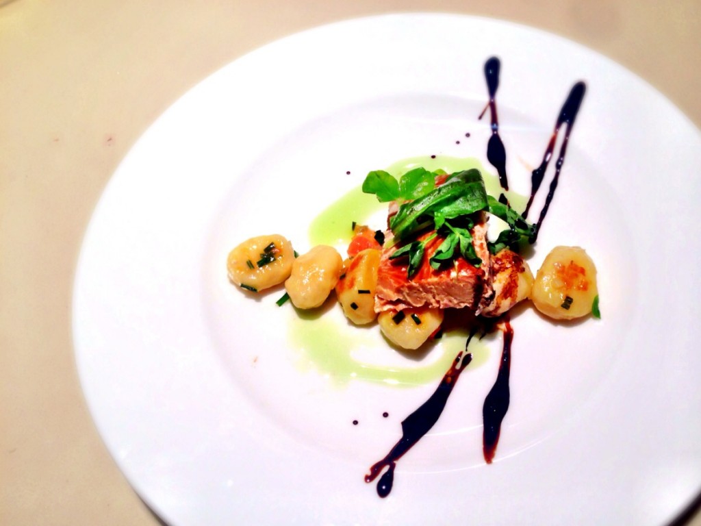 Warm Wood-Smoked Salmon with Potato Gnocchi and Balsamic Glaze