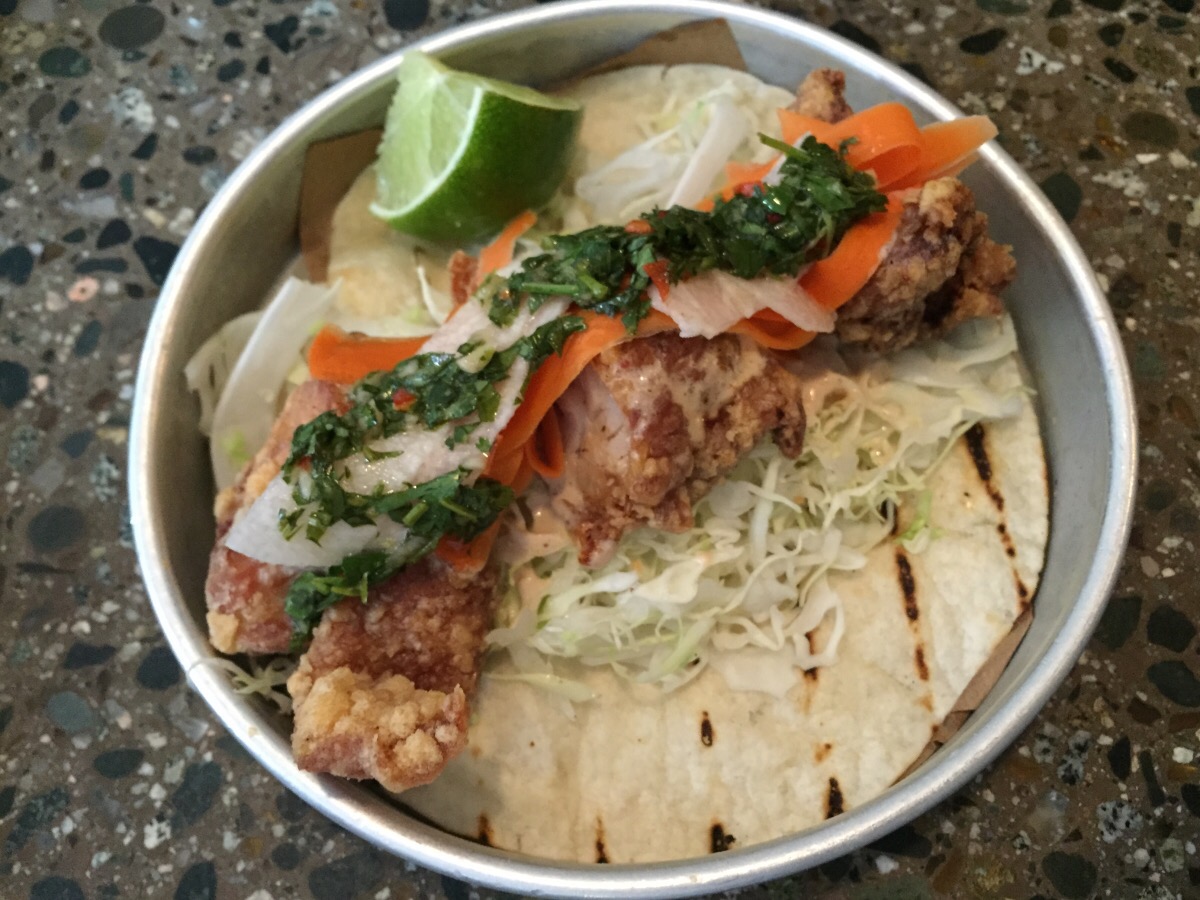 chicken taco - pickled vegs, epazote chimichuri, butter milk chilli crema