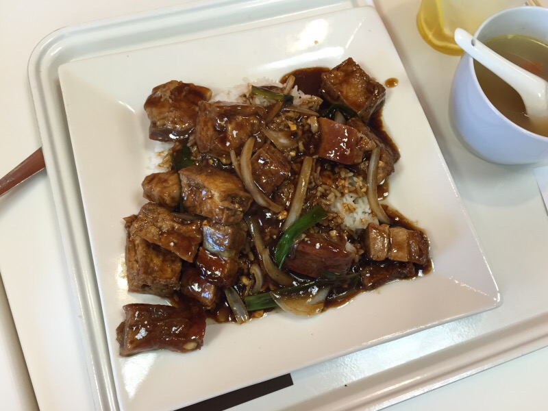 roasted pork and tofu on rice
