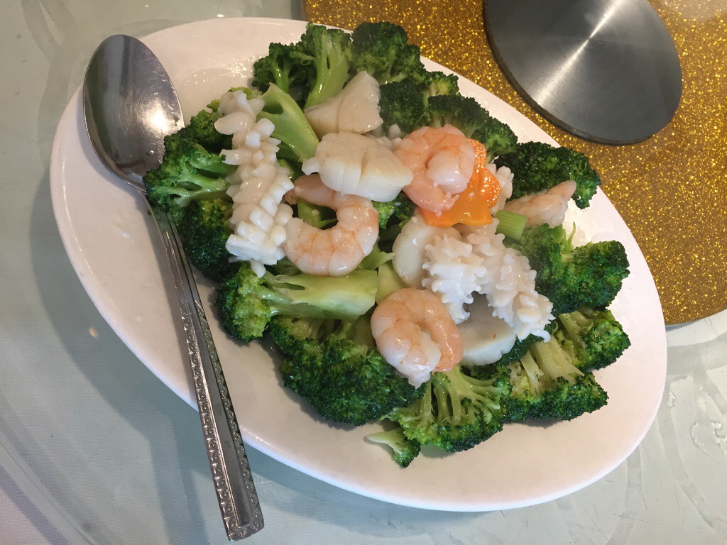 seafood trio and broccoli