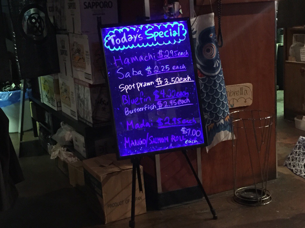 kaide sushi bar, daily special board