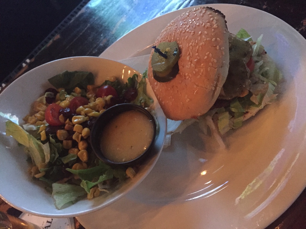 burger and garden salad