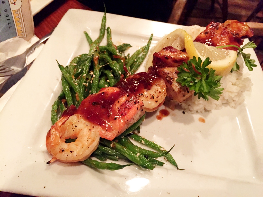 seafood grill on skewer, green beans, and jasmine rice