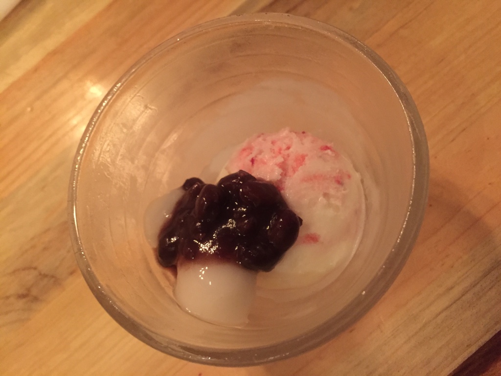 strawberry ice cream and red bean mochi