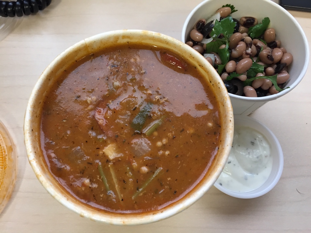 gumbo, black eye pea salad and yogurt sauce