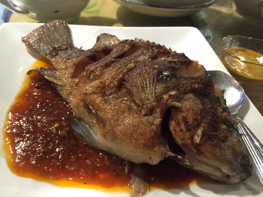 fried sea bass with sweet, sour, and spicy sauce