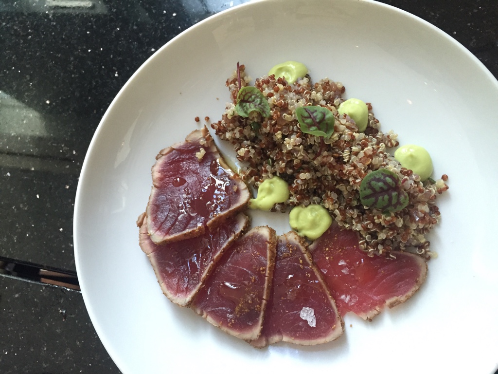 Yellowfin Tuna, Seared Rare, Red Quinoa, Cilantro, Avocado & Spring Onion