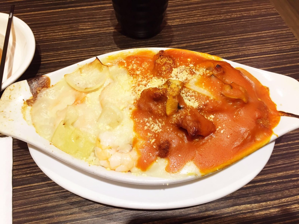 'yin yeung' baked fish and pork chop on rice