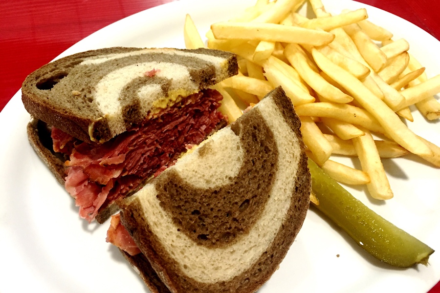 Skinny-sized Hot Montreal Smoked Meat on Marble Rye with Fries