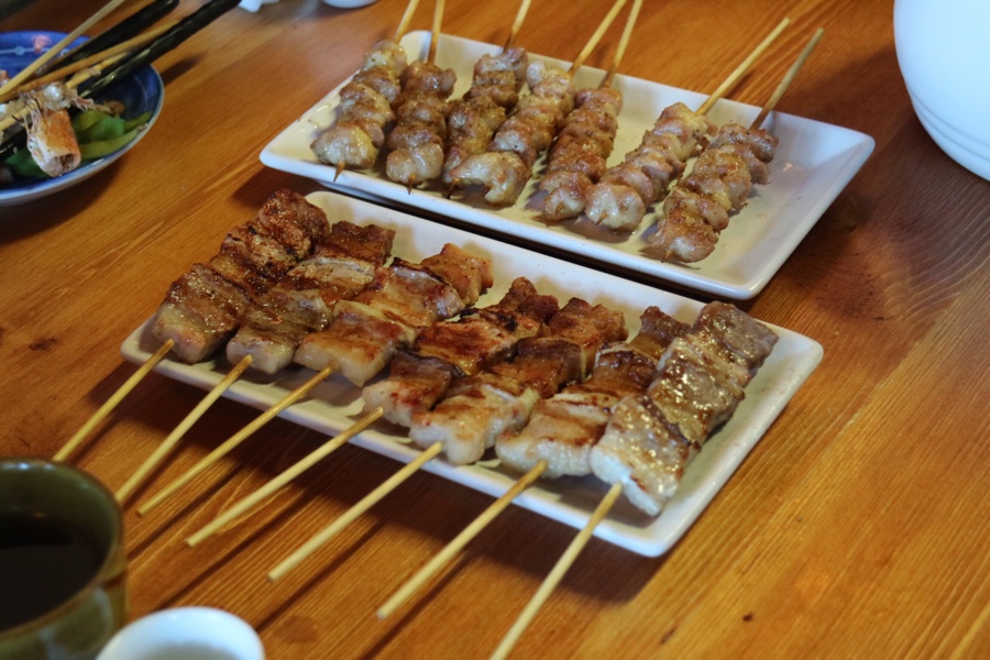 pork belly and chicken skewers