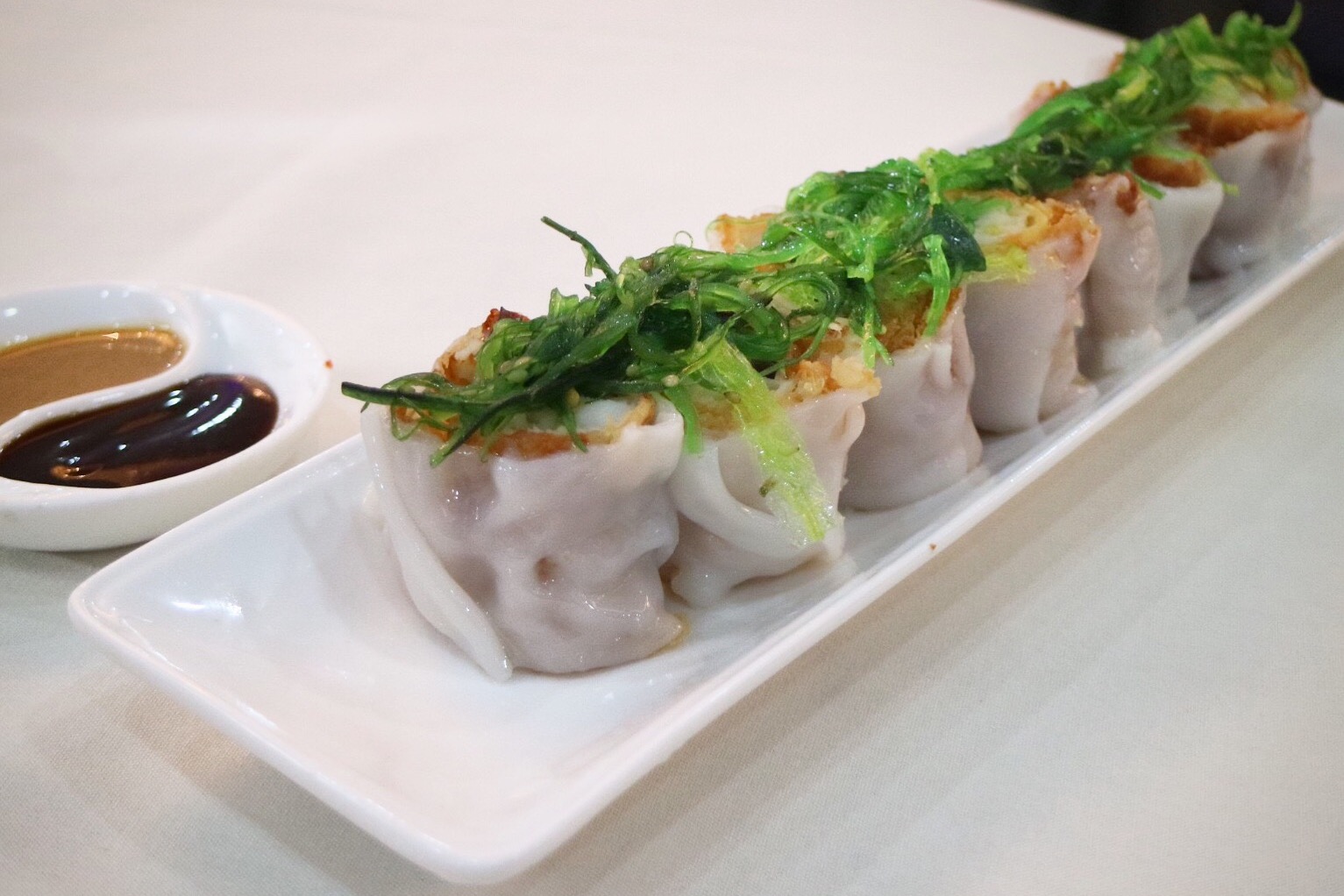 Rice Noodle Rolls Stuffed with Chinese Donut and Ground Fish