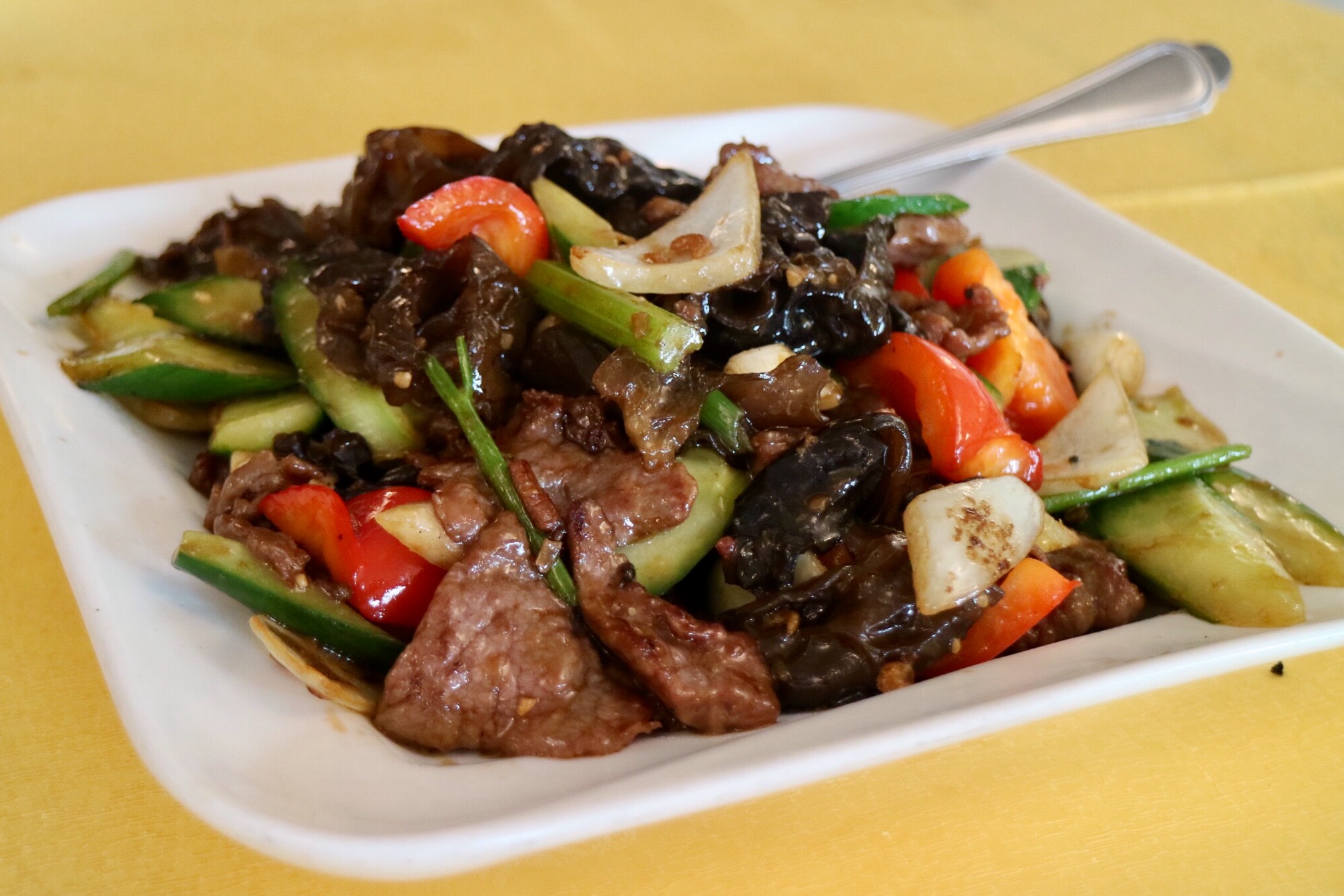 Beef with Cucumber and Mushrooms in XO Sauce