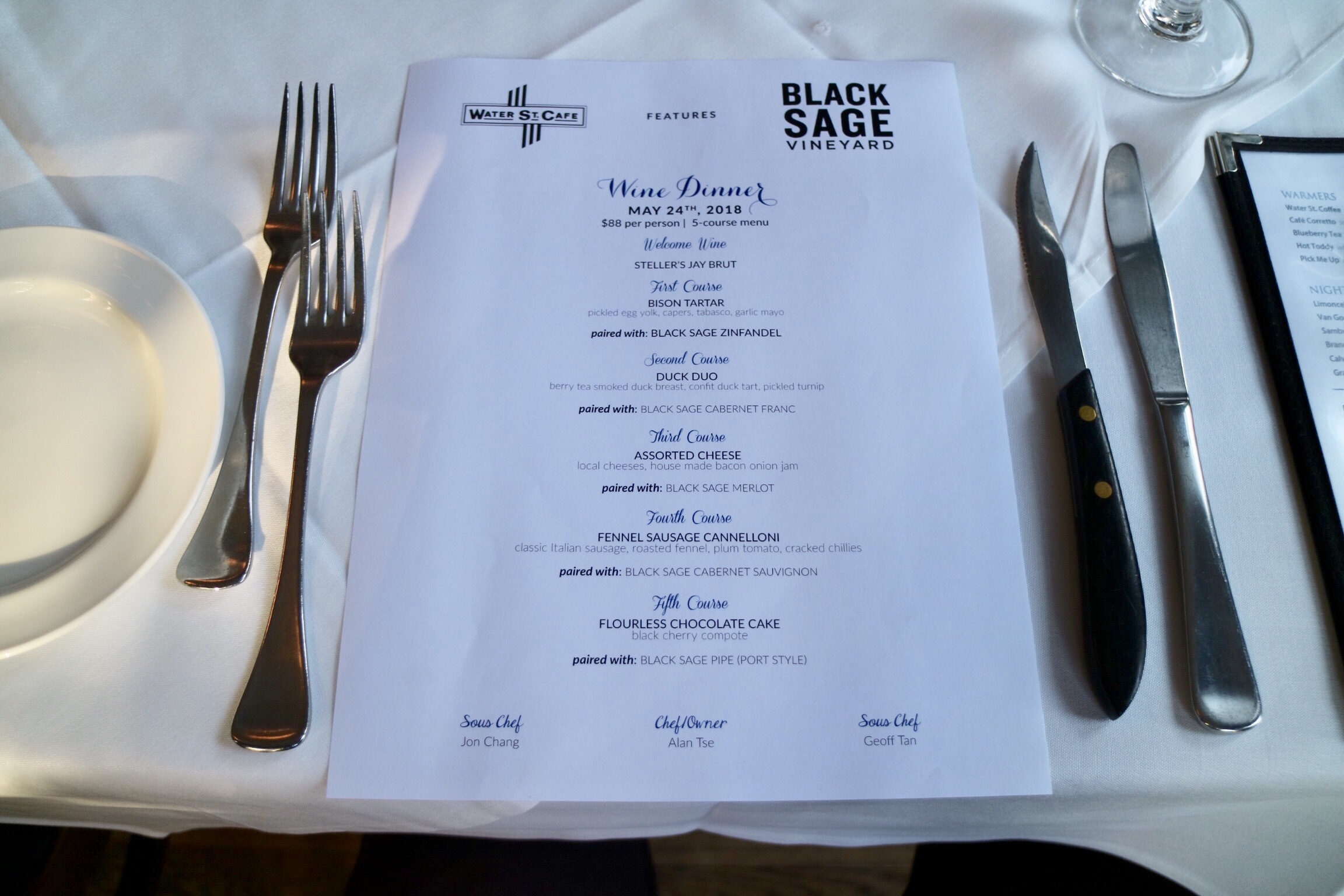 Wine Makers Dinner with Water St. Cafe & Black Sage Vinyards