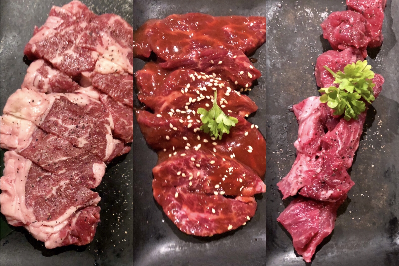 Left to Right: Premium Ribeye Steak, Bistro Hanger Steak with Miso, and Filet Mignon with Salt & Pepper