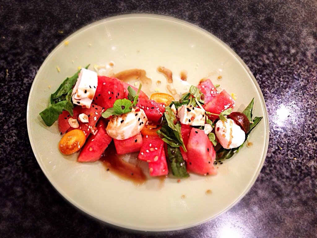 Watermelon Salad with Tomato & Goat Cheese