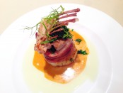 Saddle of Rabbit in Applewood-Smoked Bacon with Caramelized Fennel and Fennel Oil