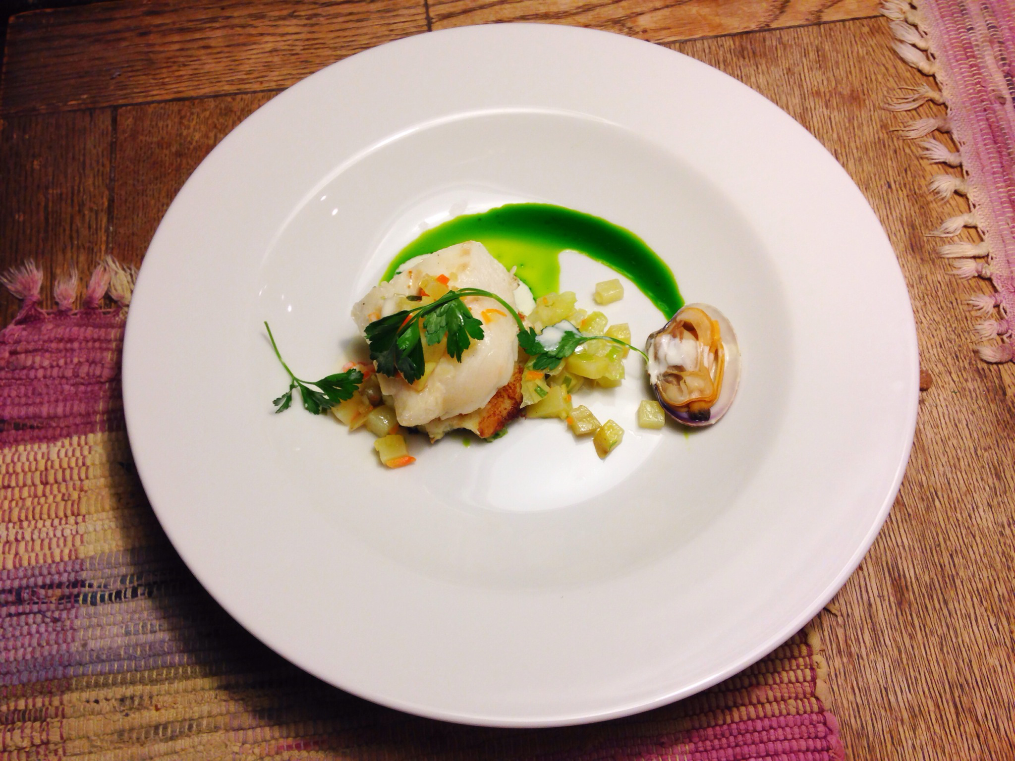 “Clam Chowder” Cod, Cod Cake, Parsley Oil