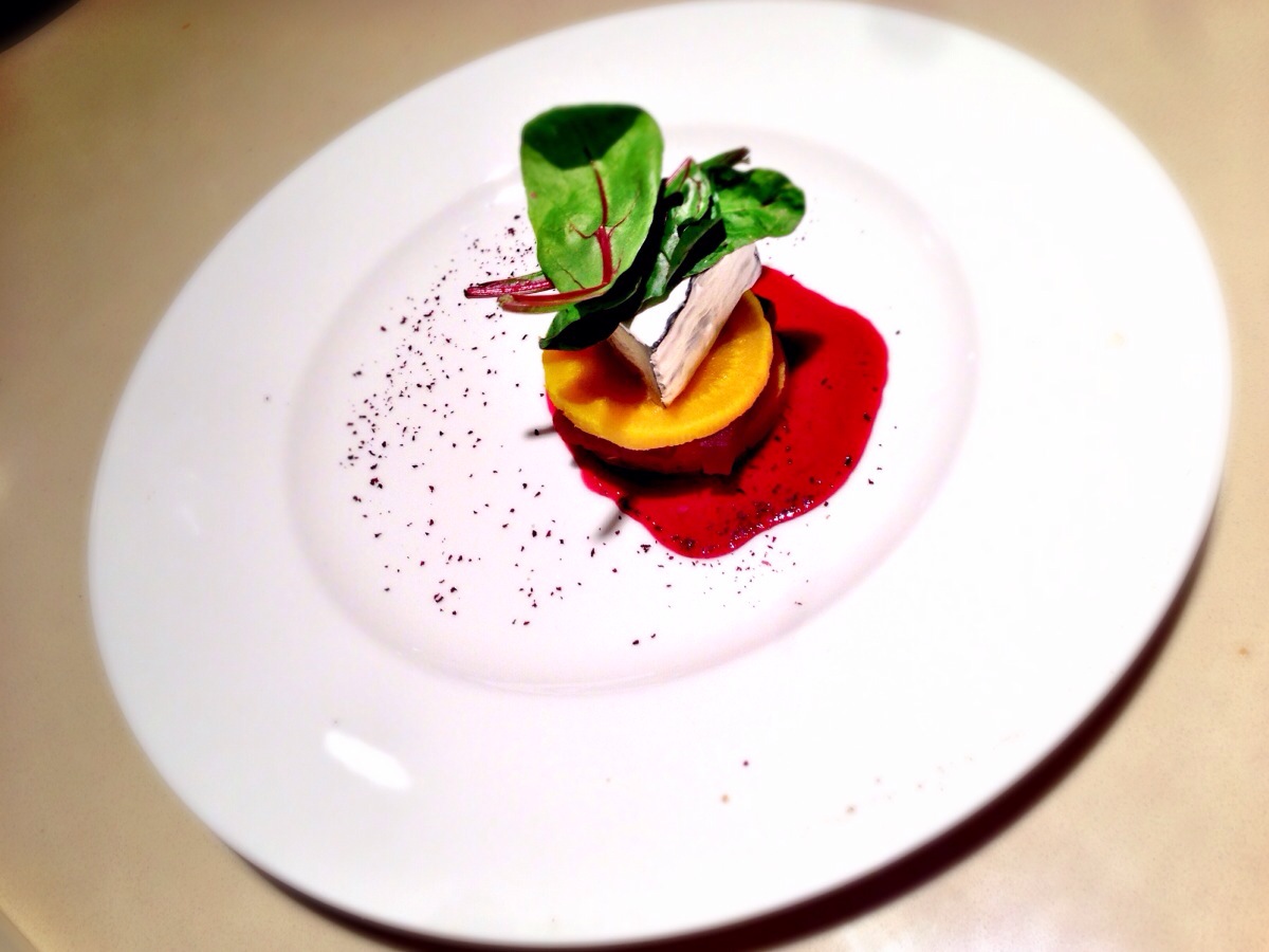 Ashed Chèvreaux with Slow Roasted Yellow and Red Beets, and Red Beet Vinaigrette