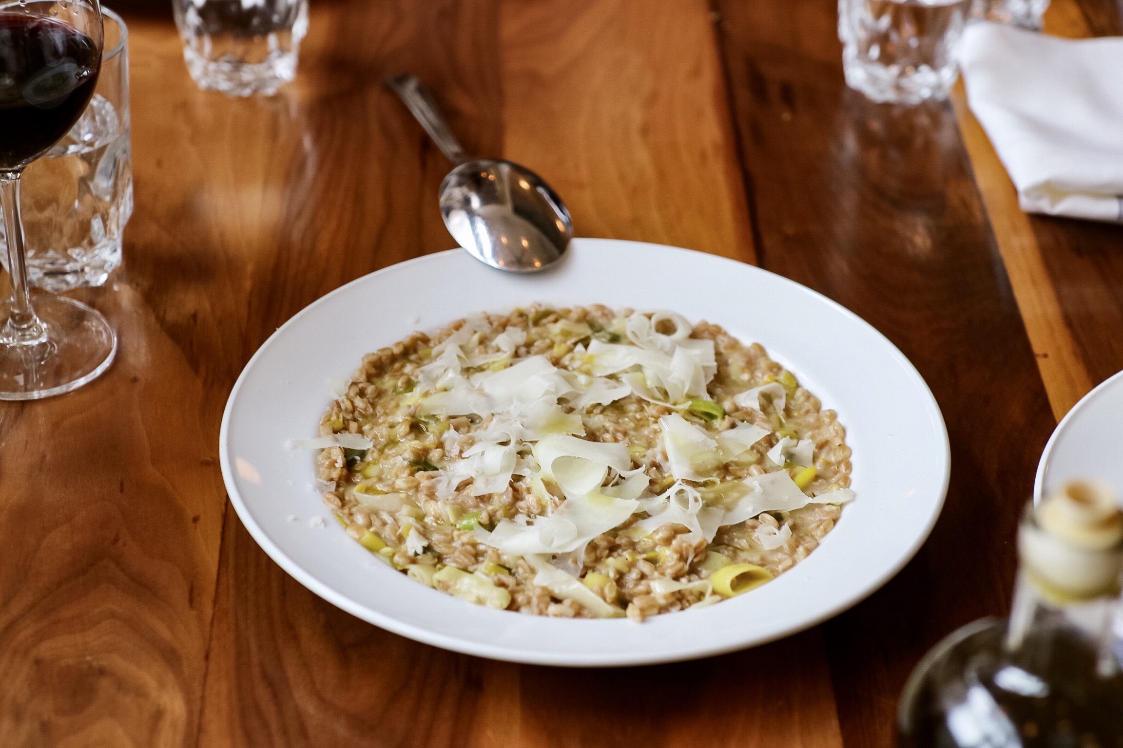 Farro risotto, leeks, and pecorino