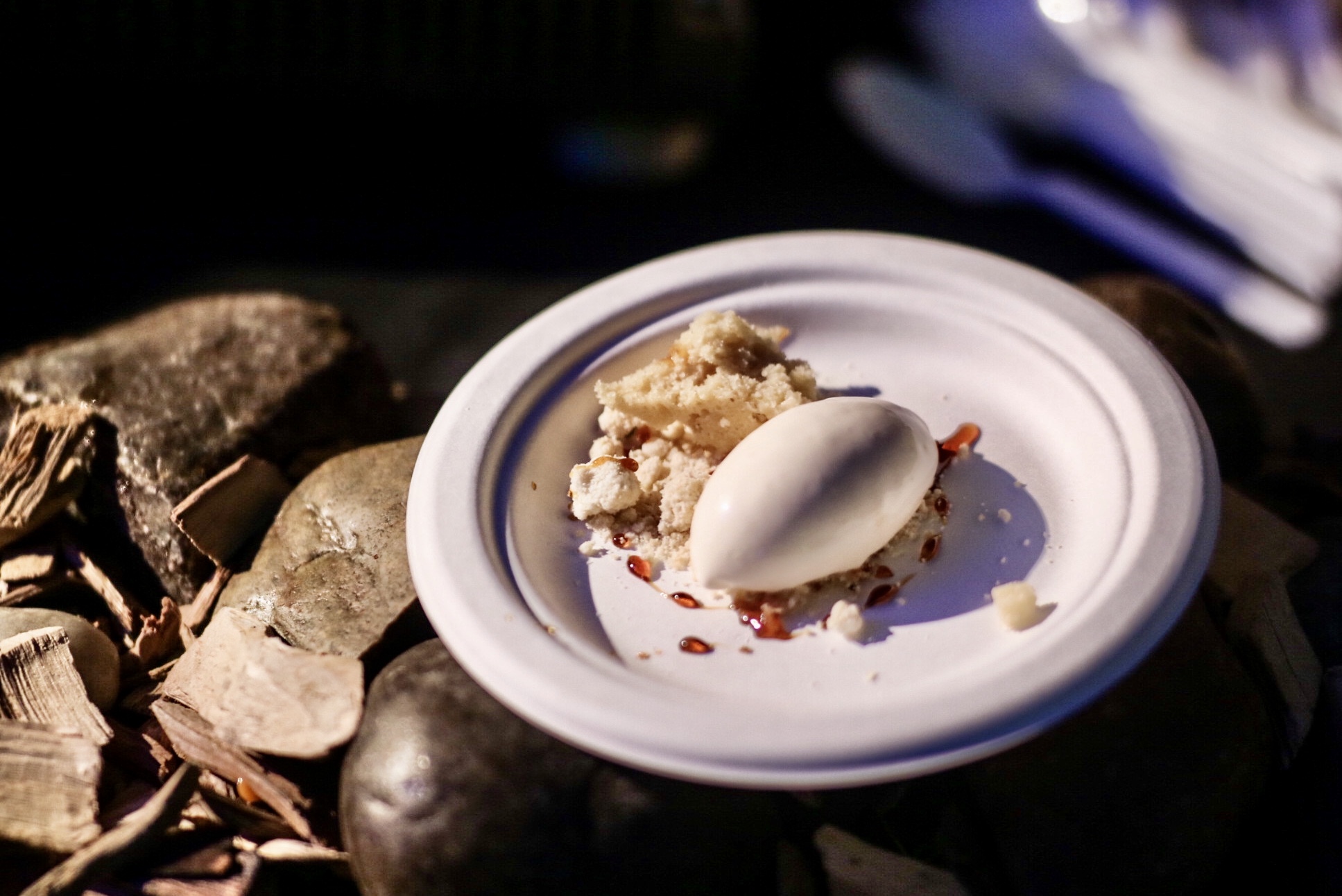 Matsutake Ice Cream with Birch Syrup Crumble and Fir Gastrique.