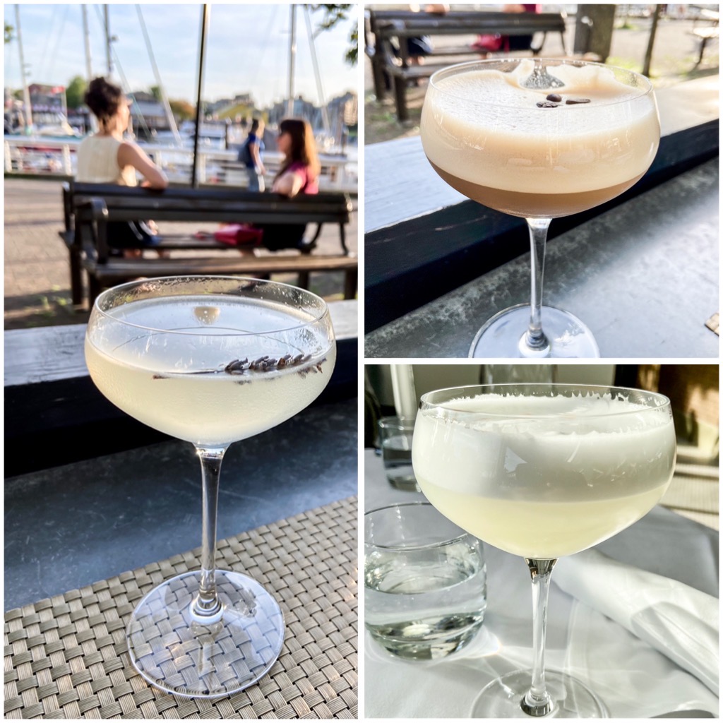 Left to right clockwise: "Ginerbra Inglesa", "Espresso Martini", "Pisco Sour"