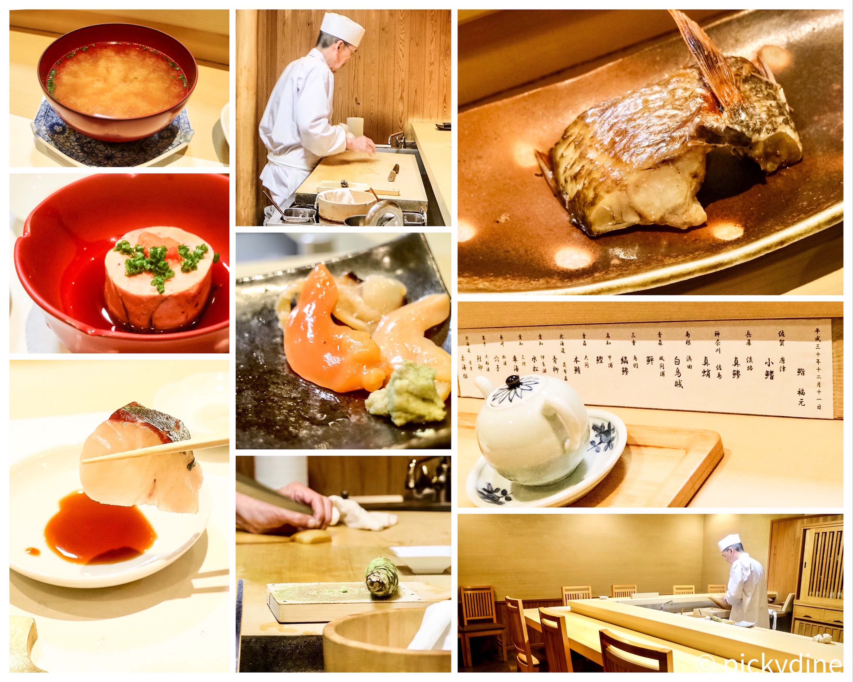 from top left, clock-wise: miso soup, chef Fukumoto, nodoguro, daily menu, chef's sushi bar, fresh wasabi, tai sashimi, ankimo, aoyagi