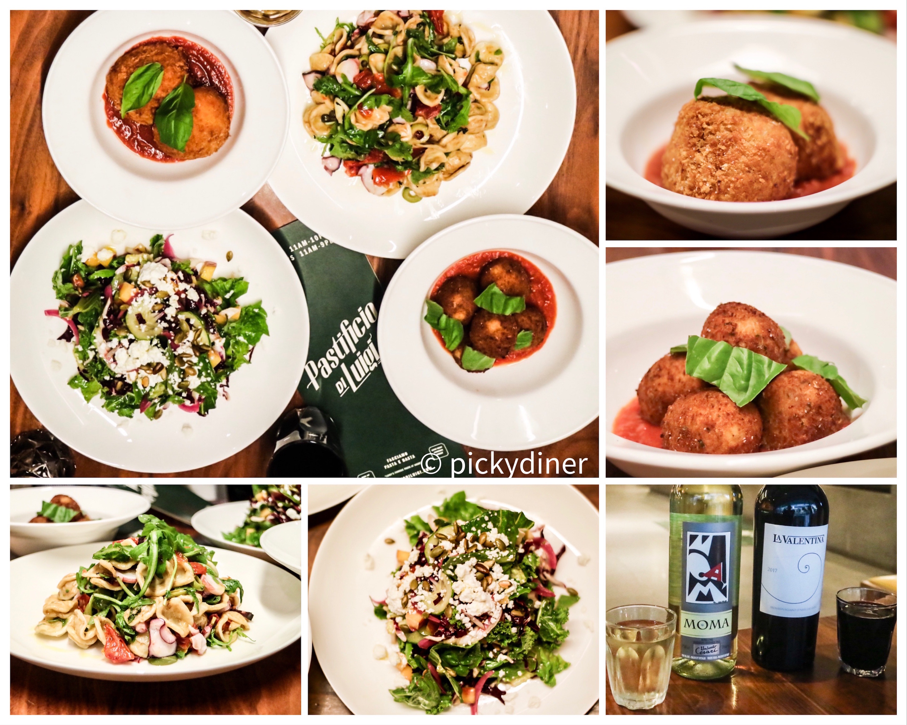 from top left: antipasti & insalata, suppli al telfono, polpette fritte, trebbiano & montepulciano, radicchio & romaine, insalata di pasta e pulpo