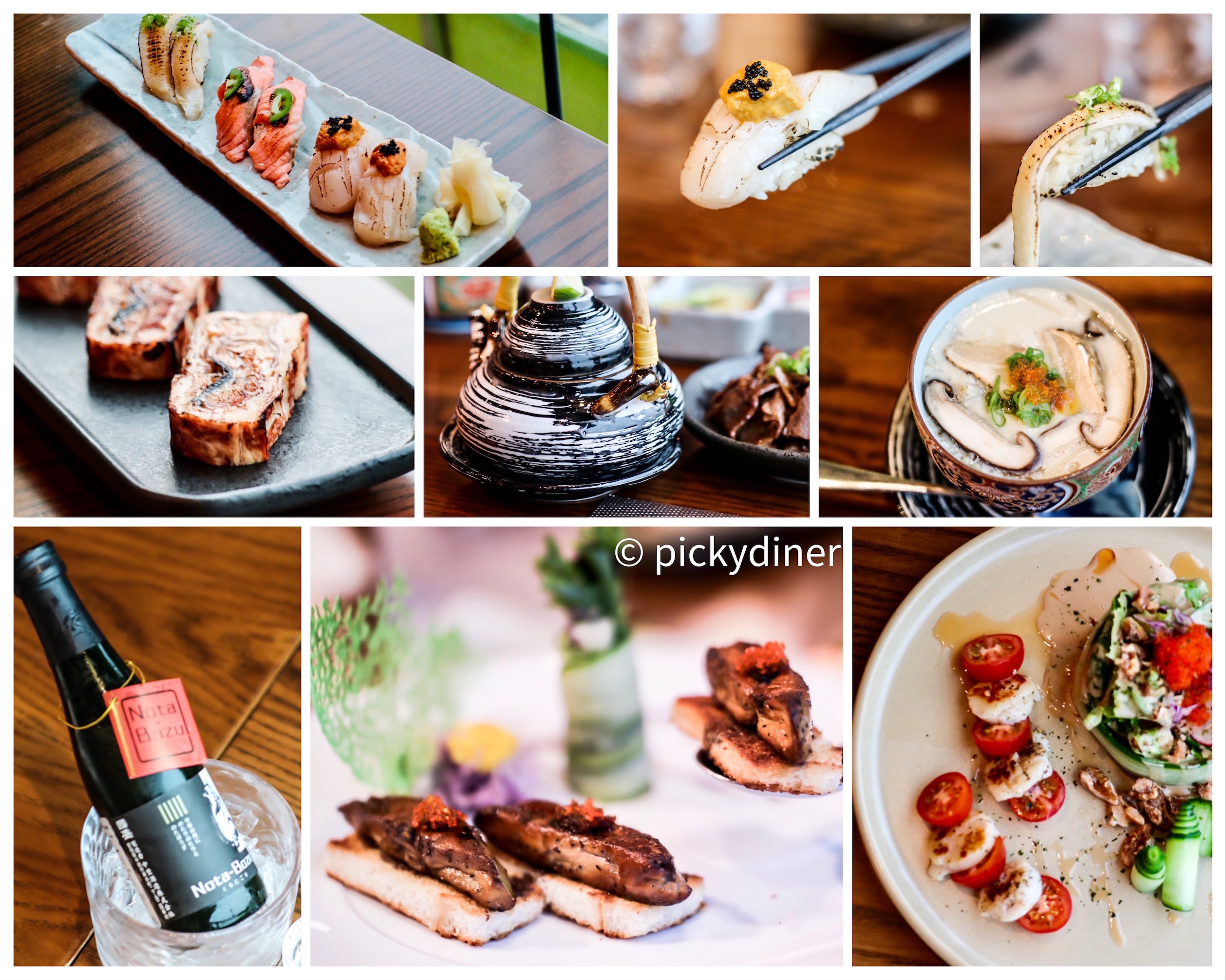 Top left, clock-wise: aburi sushi, aburi uni hotate, aburi hirame engawa, crab chawanmushi with matsutake, walnut hotate gomae, froie gras toaste, Nota-bozu sake, umaki, dobin mushi