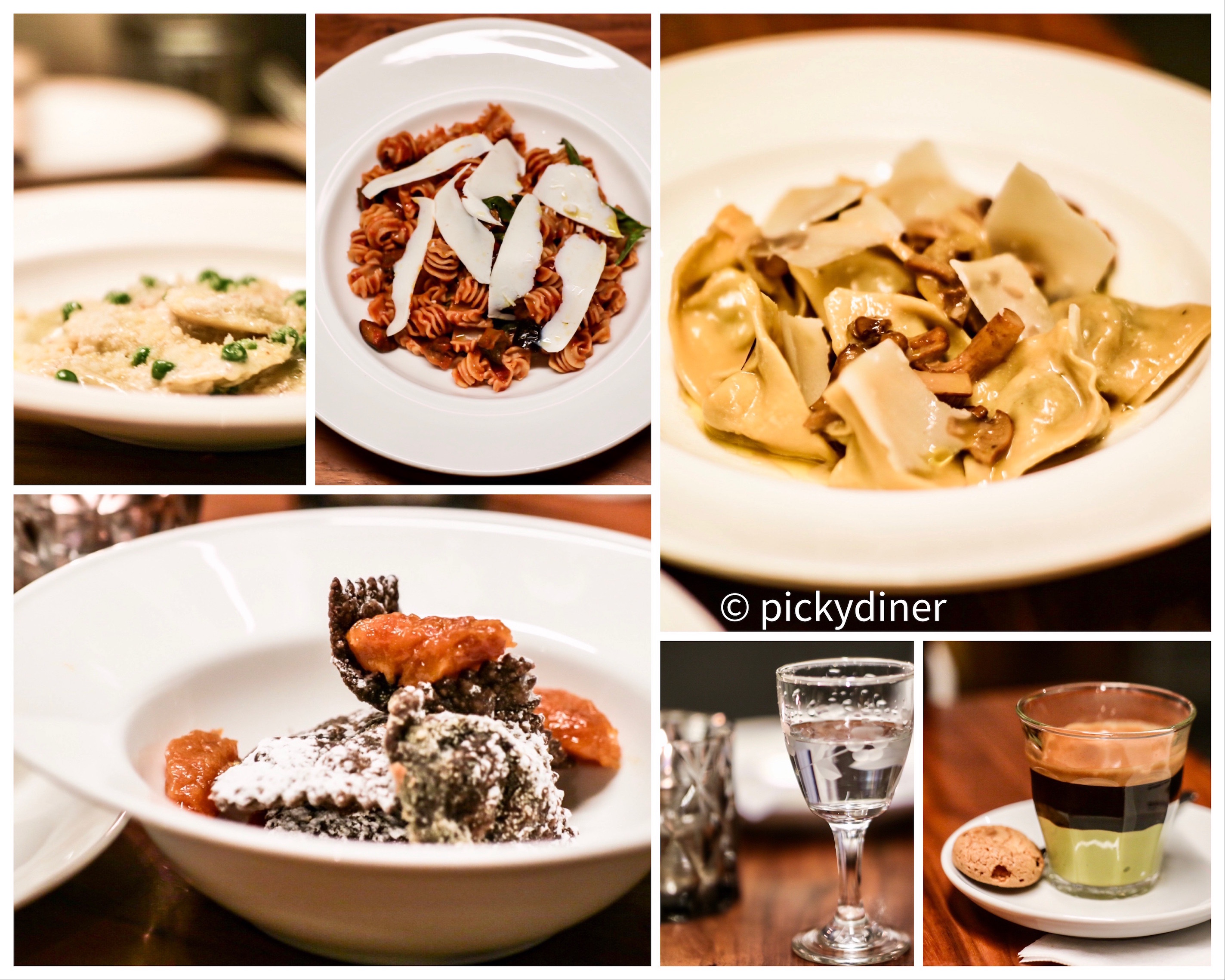 from top left, clockwise: ravioli ricotta & pea, radiatore alla norma, tortellini chanterelle, espresso & pistachio crema, grappa, ravioli al cioccolato