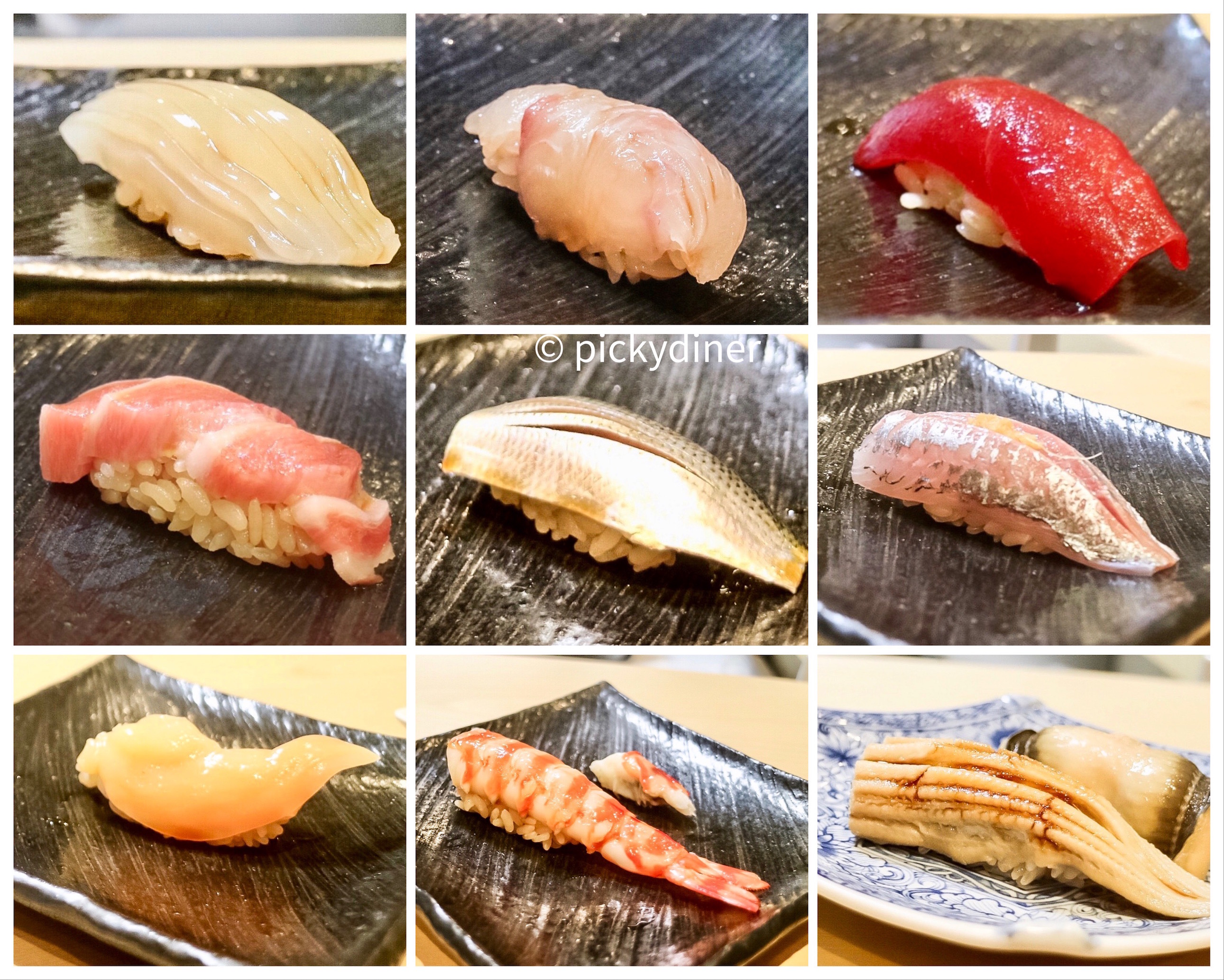 from top left, clock-wise: Ikura, hirame, maguro, o-toro, katsuo, shima-aji, aoyagi, kuruma ebi, anago