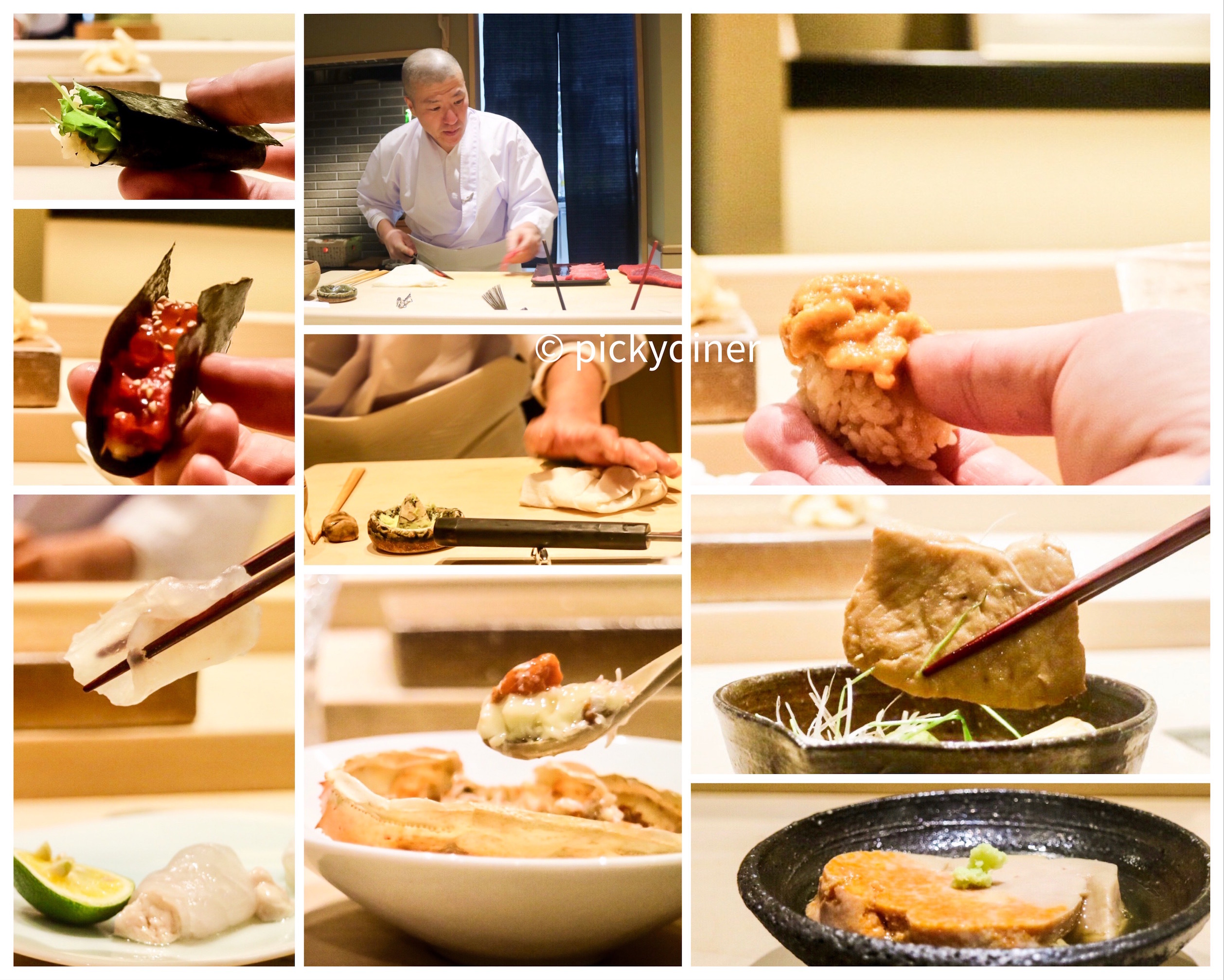 From top left clockwise: haskap roll, chef Hayashi, Hokkaido uni, cooked maguro (tuna), akimo (monkfish liver), Steam Crab, hirame sashimi, Ikura, freshly-ground wasabi