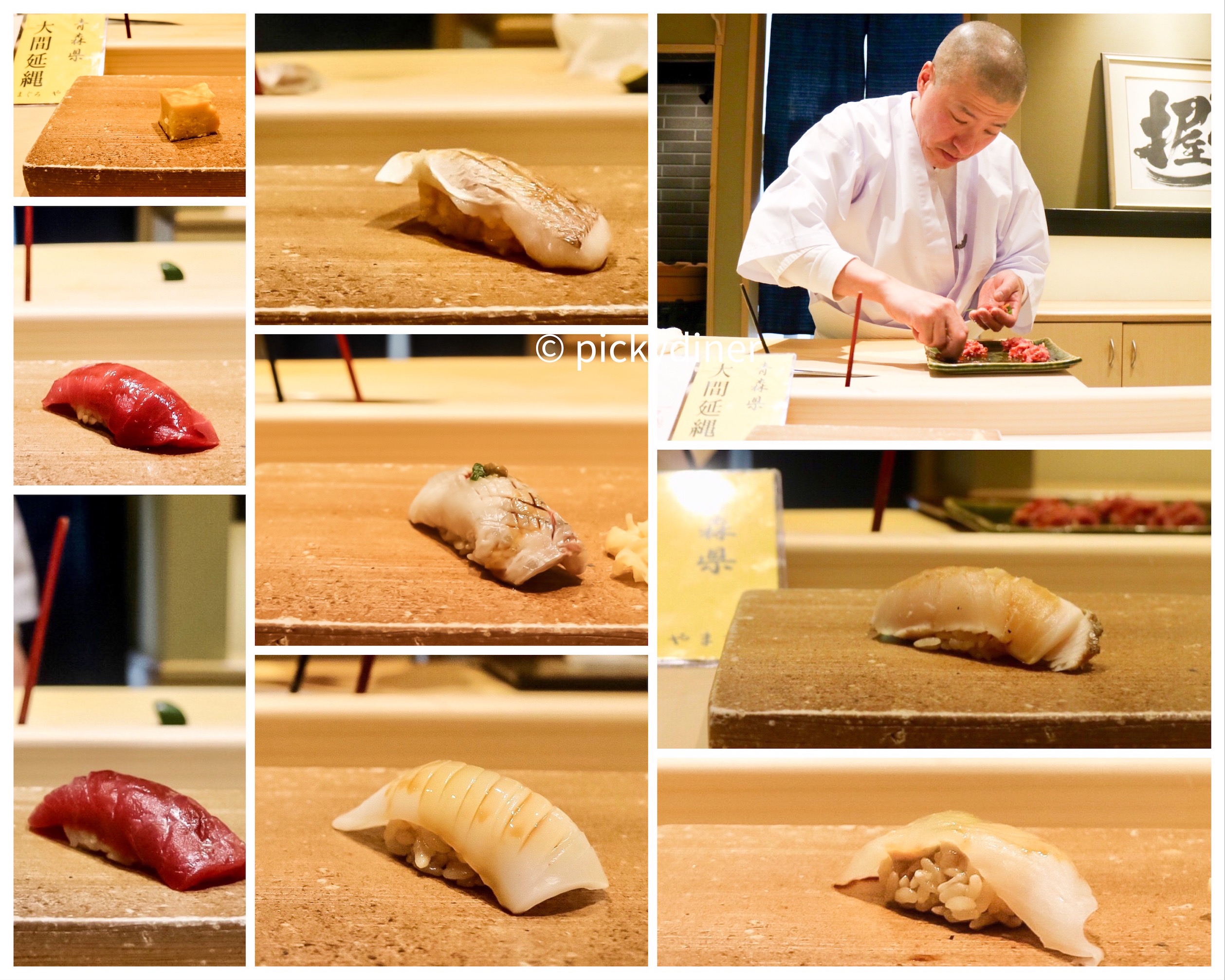From top left, clockwise: tamagoyaki, kasuo, chef Hayashi, sawaru, kawahgi, ika, maguro, chutoro, iwashi