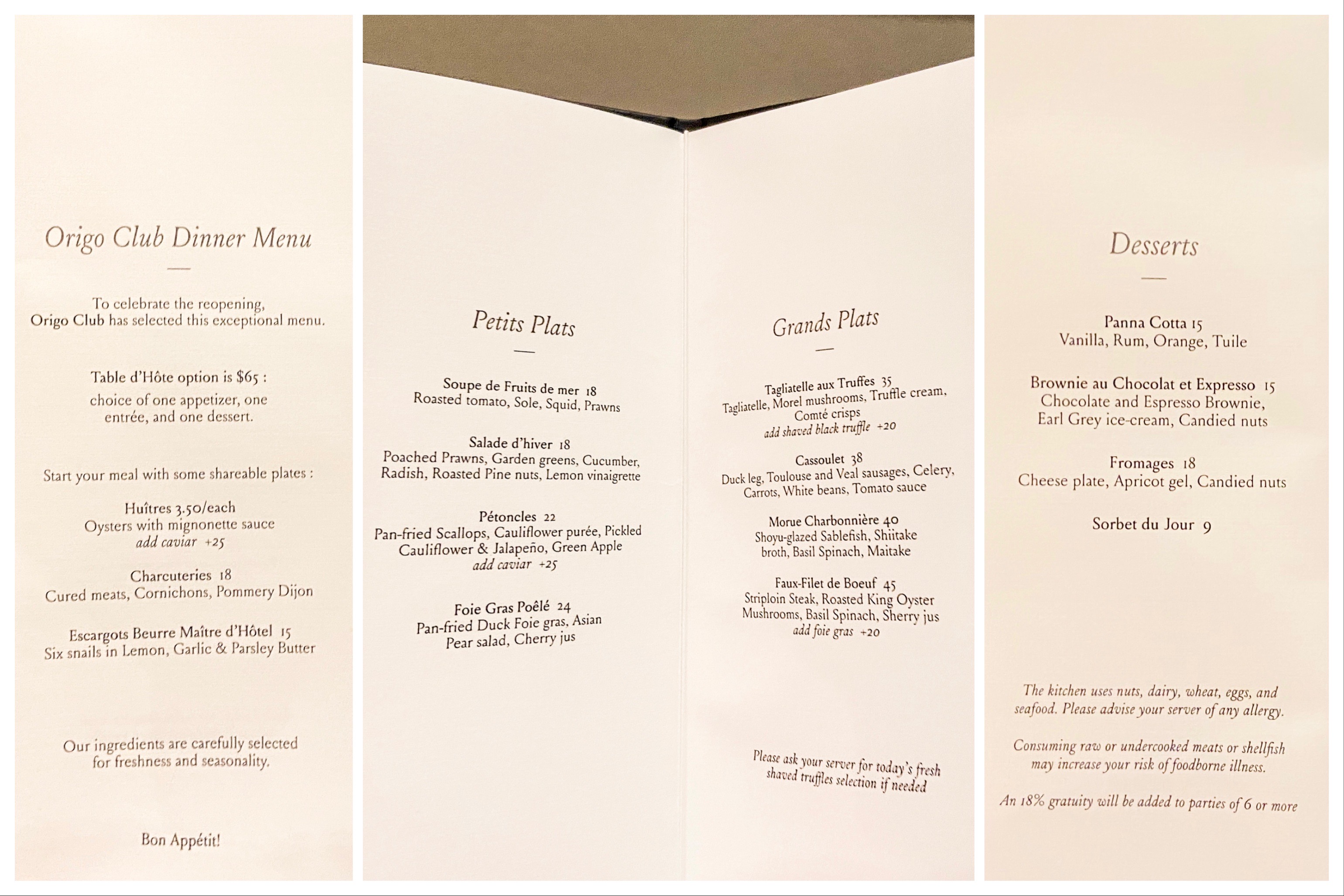 Origo Club's Winter Set Menu