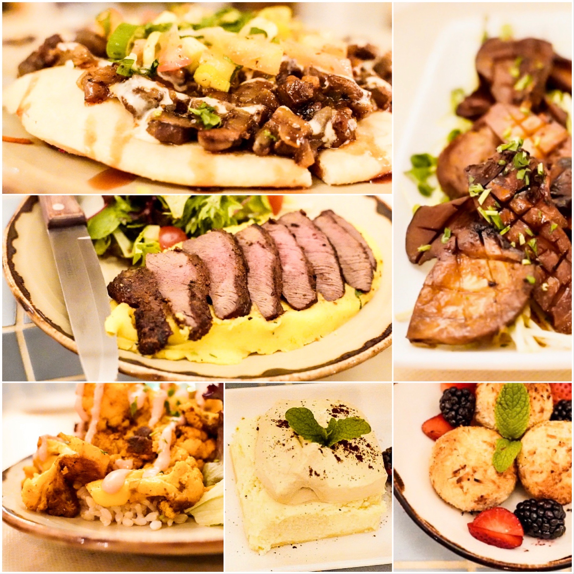 From the top-left clockwise: Lahmajeen Man'oushe, King Oyster Mushroom Mezze, Chocolate Ma'amoul, Turkish Coffee Cheesecake, Cauliflower Arnabiyeh, and Grilled Bison Flat Iron