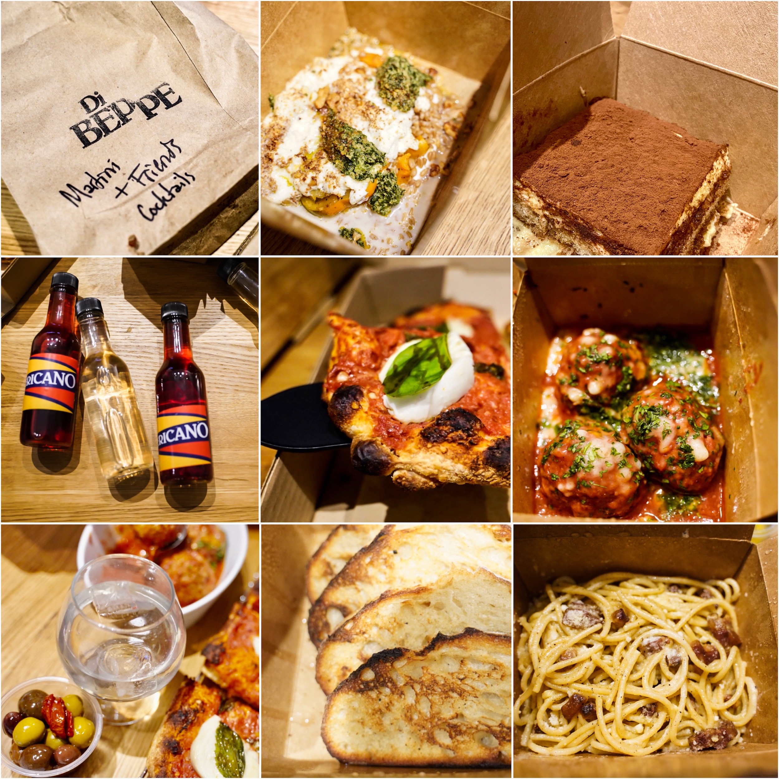 From top left clock-wise: Di Beppe take-out, Burrata, Tiramisu, Meatballs, Carbonara, Sourdough, Martini Bianco Vermouth & Tonic, Martini cocktails, and Margherita.